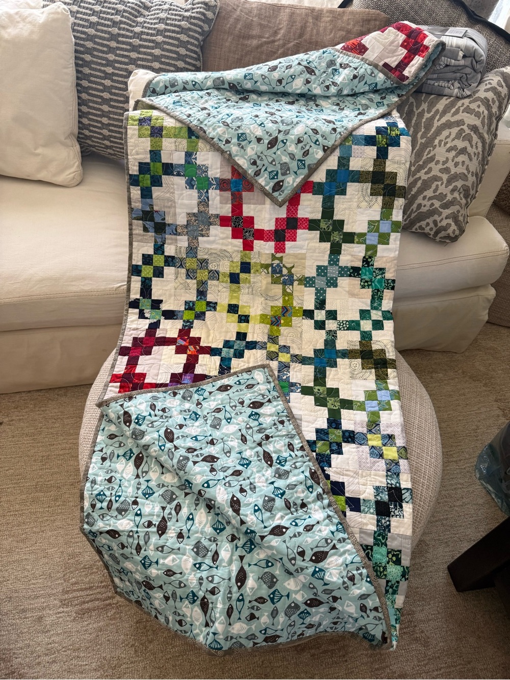Handmade nautical Multi-Color Patchwork throw Quilt Fish Print Backing
